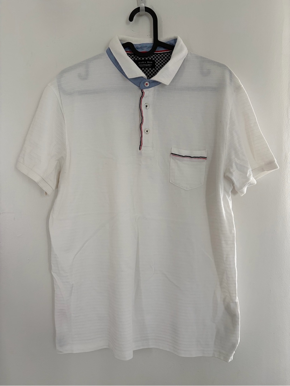 Zara White Polo with Blue Contrast Collar and Red Trim